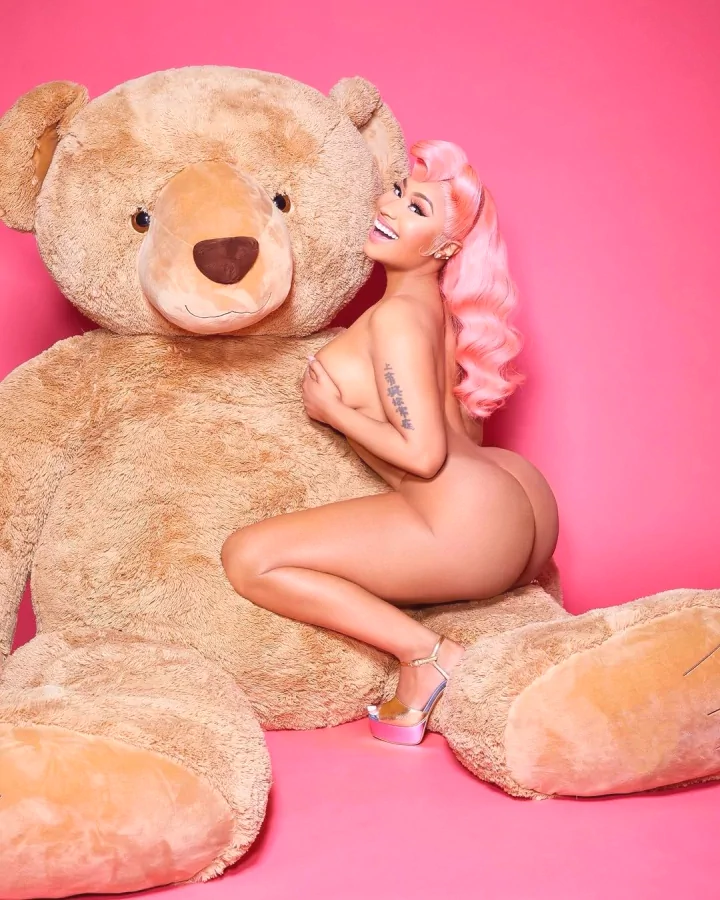 nicki minaj totally nude for birthday celebration sitting astride a giant teddy bear