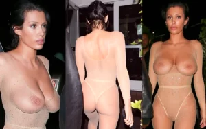 Bianca Censori nude boobs while wearing see through bodysuit in public at Giorgio Baldi in 2024