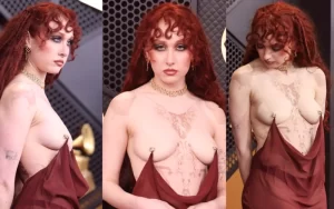 compilation image collage of chappell roan as she exposes her naked boobs at 2026 grammys